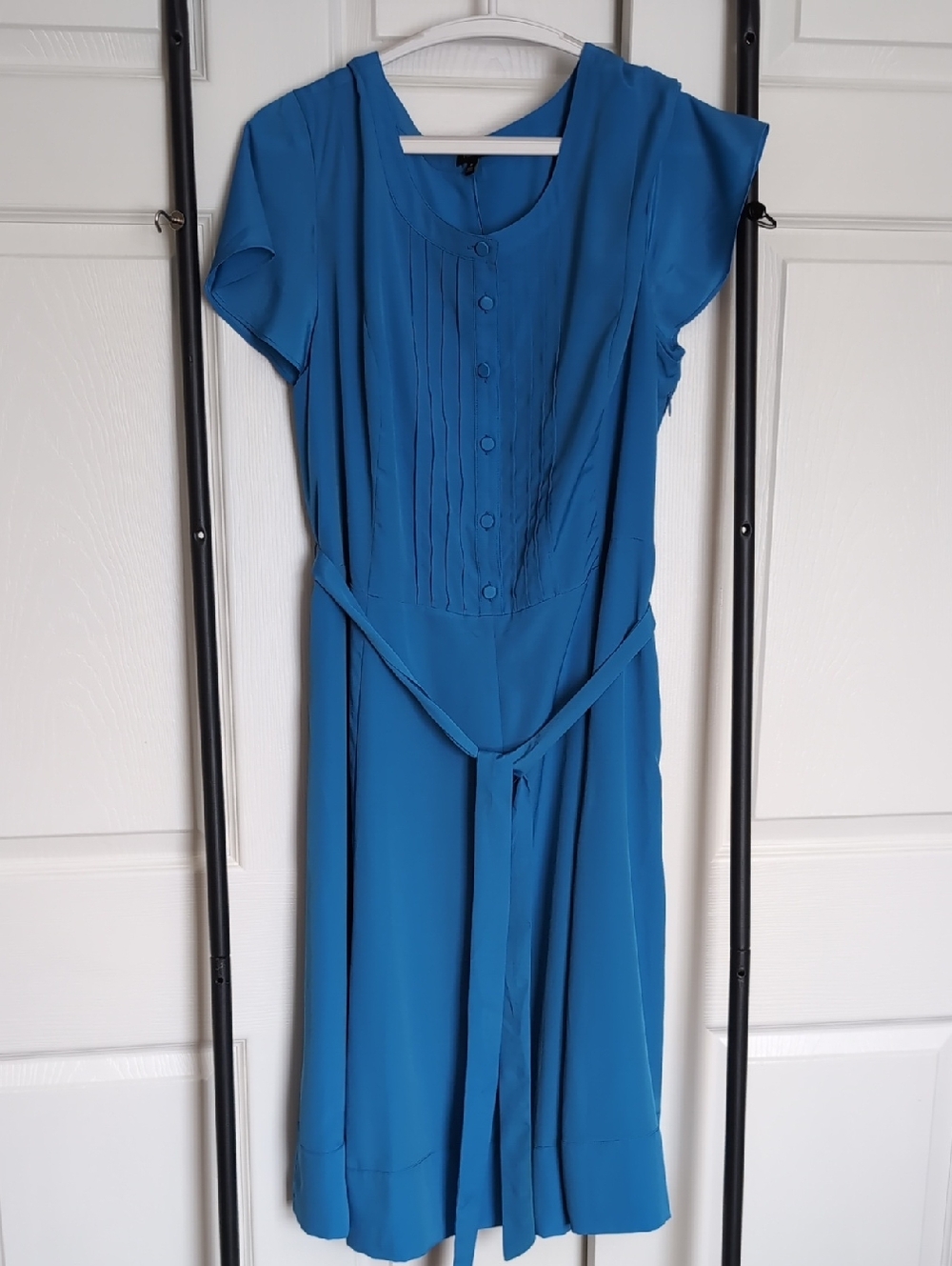 Talbots Teal-Blue Midi Dress with Pleated Bodice and Waist Sash